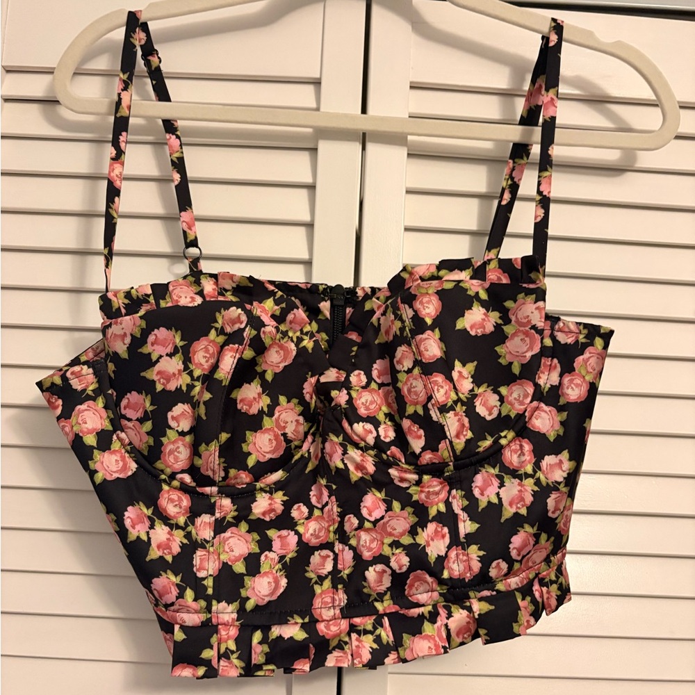House of CB Black Crop Bustier with Pink Rose Print
